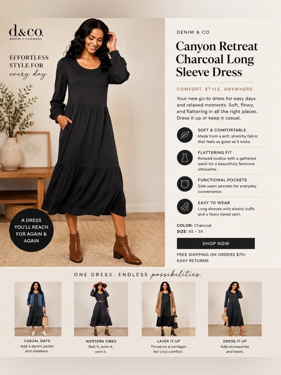 Denim&Co Dresses & Skirts - Denim & co Canyon Retreat Charcoal Long Sleeve Dress nwt